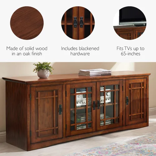 Miniatura 5 de Leick Home 82360 Soporte de TV de madera maciza Mission Oak de cuatro puertas para televisores de 65" Consola universal de TV para sala de estar