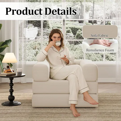 Miniatura 5 de Sofá individual para espacios pequeños, sofá convertible 2 en 1, cómodo puf para adultos con funda extraíble con almohadas para dormitorio, Beige