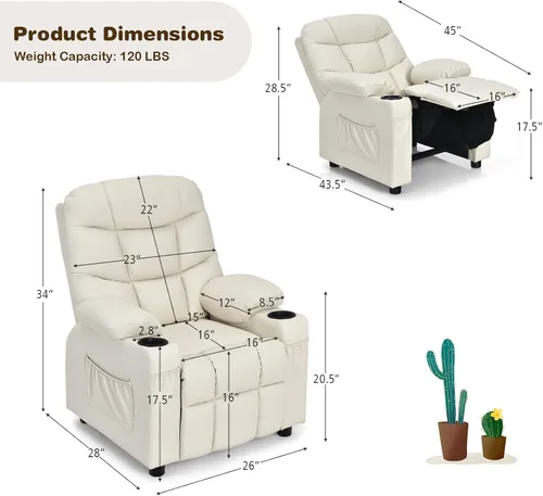 Miniatura 3 de Costzon Silla Reclinable para Niños con Portavasos, Silla de Descanso Ajustable con Reposapiés y Bolsillos Laterales para Habitación de Niños