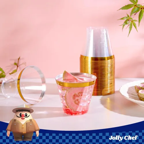 Miniatura 5 de JOLLY CHEF Paquete de 100 Vasos de Plástico Dorado, Tumblers de Plástico Transparente de 9 oz, Elegantes Vasos con Borde Dorado, Vasos Desechables