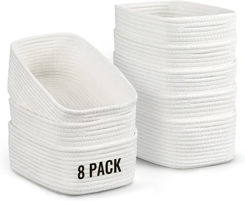 Miniatura 8 de Paquete de 8 cestas de almacenamiento pequeñas para organizar, cubos de cuerda tejida para baño, armario, organizador de estantes, bonita caja Negro
