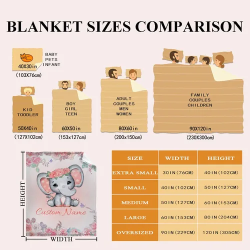 Miniatura 3 de Manta personalizada de elefante naranja floral con nombre para niñas, manta con nombre personalizado para niños pequeños, regalos personalizados