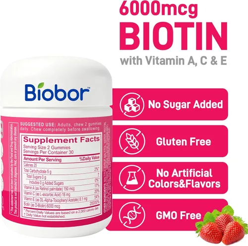 Miniatura 2 de Biobor - Gomitas naturales de biotina de 6000 mcg sin azúcar añadido, gomitas de belleza para el cabello, la piel y las uñas, con vitaminas A C E