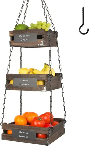 J JACKCUBE DESIGN Cesta de frutas colgante de madera rústica de 3 niveles, organizador de almacenamiento de frutas de cocina, organizador de