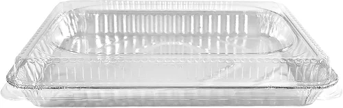 PACTOGO Bandeja de papel de aluminio para tartas de tamaño 1/4 con tapa de cúpula baja transparente, 12.75 pulgadas de largo x 8.75 pulgadas de
