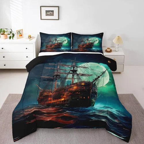 Miniatura 34 de Erosebridal Juego de edredón de ballena náutica, tamaño individual, juego de ropa de cama vintage azul con ondas oceánicas para niños y niñas