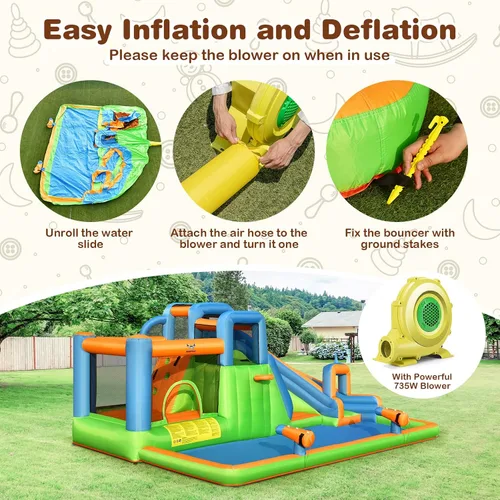 Miniatura 5 de HONEY JOY Tobogán acuático inflable, parque acuático gigante 7 en 1, casa de rebote para patio trasero al aire libre con soplador de 735 W, piscina