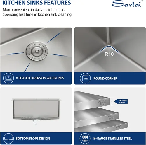Miniatura 5 de Sarlai - Fregadero de cocina de 25 pulgadas, estación de trabajo con caída, de 25 x 22 pulgadas, de montaje superior, estante de acero inoxidable