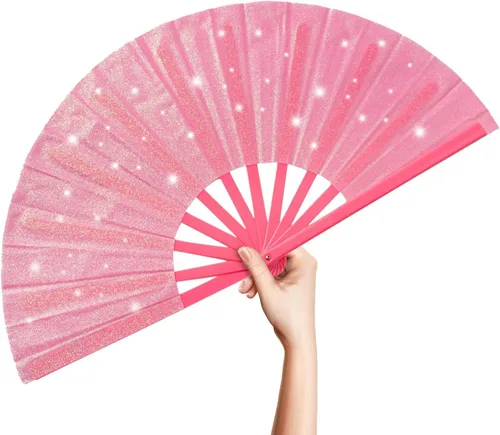 Miniatura 12 de OMyTea Ventilador grande con purpurina para baile de línea, botas de 13 pulgadas en el suelo, ventilador de mano plegable para EDM, festival de Negro