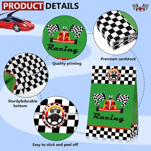 Miniatura 7 de Tallew 24 bolsas de recuerdo de fiesta de coches de carreras con calcomanías, bandera a cuadros, bolsa de dulces para fiesta de carreras, Pit Crew
