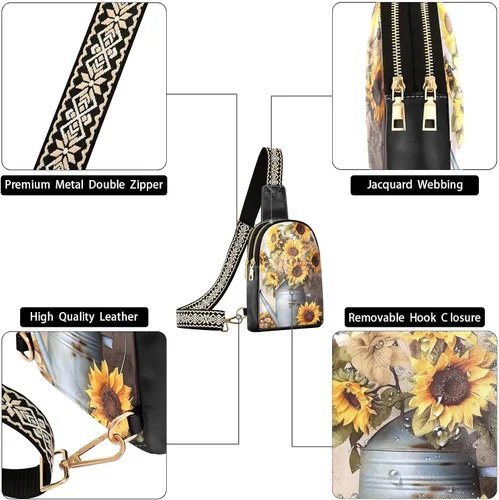 Miniatura 5 de Sling Backpack Sunflower Vintage Sling Bag for Women Crossbody Shoulder Bag Leather Fanny Pack Chest Bag for Travel Hiking 202A1226
