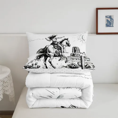 Miniatura 7 de Homewish Juego de edredón de vaquera occidental, tamaño individual, juego de ropa de cama de dibujo de cactus del desierto de caballo salvaje