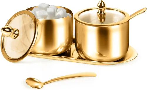 Miniatura 10 de holoith Recipiente de azúcar con tapa de vidrio y cuchara, 16 onzas, patrón de copo de nieve, tazón de azúcar de acero inoxidable para estación