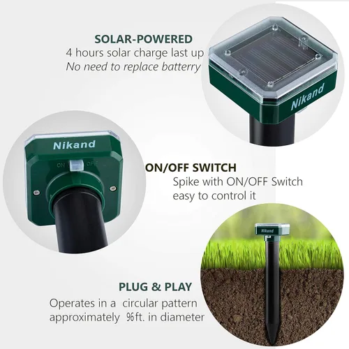 Miniatura 3 de NIKAND Repelente solar ultrasónico de topos, paquete de 4 unidades disuasorias para exteriores, tapón de topos para césped, jardín, patio, hogar