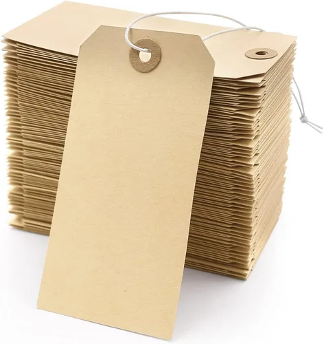 Etiquetas de envío Manila con cuerda elástica, 60 etiquetas de papel de cartulina encordadas en blanco con agujero reforzado, 4 3/4 pulgadas x 2 3/8