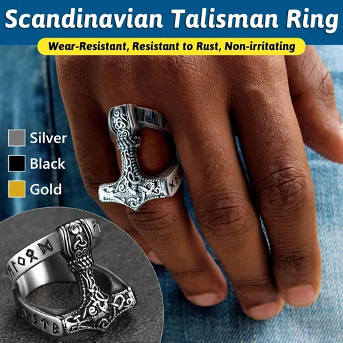 Miniatura 2 de FaithHeart Norse Viking Jewelry - Anillo de acero inoxidable de guerrero para hombre con diseño vikingo de cabeza de lobomartillo de Thor