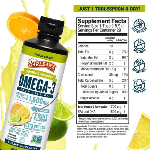 Miniatura 6 de Barlean's Suplemento líquido de aceite de pescado Omega 3 para hombres y mujeres, 1500 mg de ácido graso EPA y DHA, promueve la salud del cerebro
