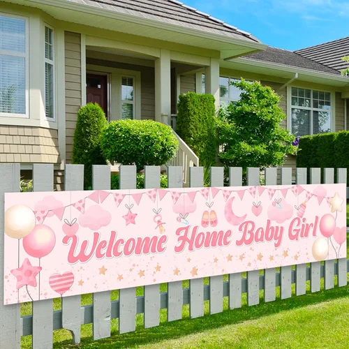Cartel de bienvenida a casa para bebé, decoración de baby shower para niñas, letrero de tela grande para revelación de género, suministros de