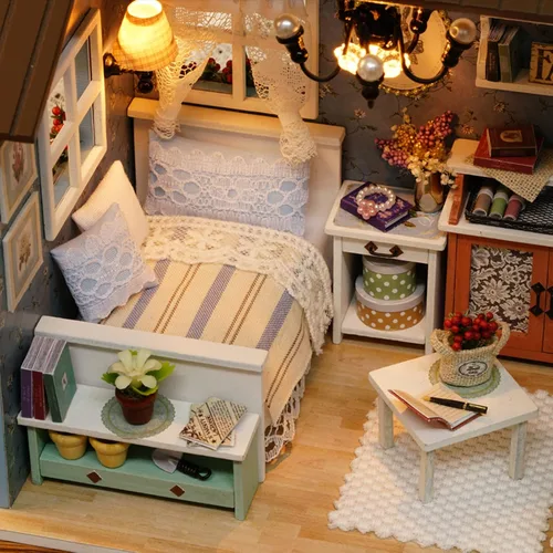 Miniatura 4 de Kit de casa de muñecas en miniatura para bricolaje, casa de muñecas de madera realista en miniatura 3D, habitación de casa de muñecas con muebles