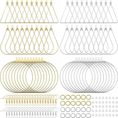 Miniatura 7 de Juego de 96 aretes de aro con cuentas para hacer joyas, aretes triangulares, lágrimas, redondos, con 200 ganchos para aretes, aros y alambres