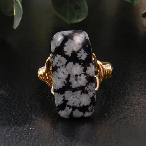 Miniatura 2 de Black Snowflake Obsidian Rectangle Gemstone Bead in Sterling Silver or 14kt Yellow or Rose Gold Filled Wire Band- Handmade Wire Wrapped Ring- Made