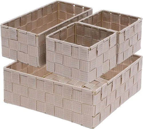 Juego de 4 cestas de almacenamiento tejidas de polipropileno con marco de metal, cajas de tela apilables para cajones, armario, estante, guardería y