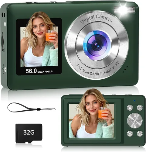 Cámara digital, cámara de enfoque automático de doble pantalla de 56 MP, cámara de punto de zoom 16X y disparo para fotografía, antivibración, Verde