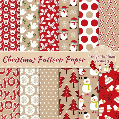 Whaline 24 hojas de papel con patrón de Navidad, Papá Noel, reno, muñeco de nieve, álbum de recortes, papel especial de estraza de doble cara, color