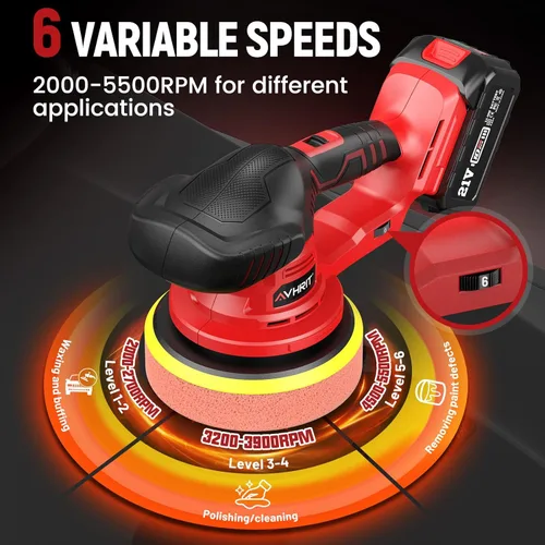Miniatura 5 de Pulidora Inalámbrica Actualizada con Baterías de 2x4.0Ah, 6 Velocidades Variables hasta 5500 RPM, Pulidora Buffer de 6 Pulgadas para Automóvil