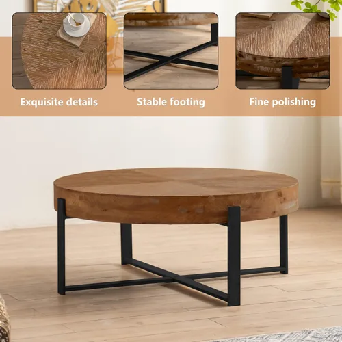 Miniatura 3 de Mesa de café redonda moderna retro con empalmes de 31.29", tablero de madera de abeto con base de patas cruzadas negras Negro (31.1 in)