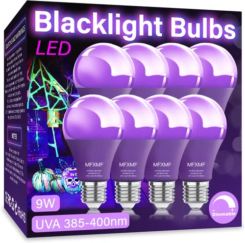 Miniatura 9 de Paquete de 4 bombillas LED negras A19, 9 W (equivalente a 100 W), base E26 regulable, luces negras regulables, nivel UVA 385-400 NM, bombillas
