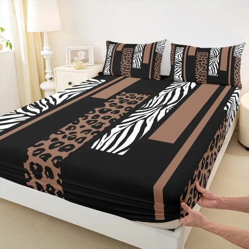 Miniatura 11 de Sábana bajera ajustable con estampado de leopardo, tamaño individual, juego de ropa de cama rústica con rayas de piel de cebra, decoración