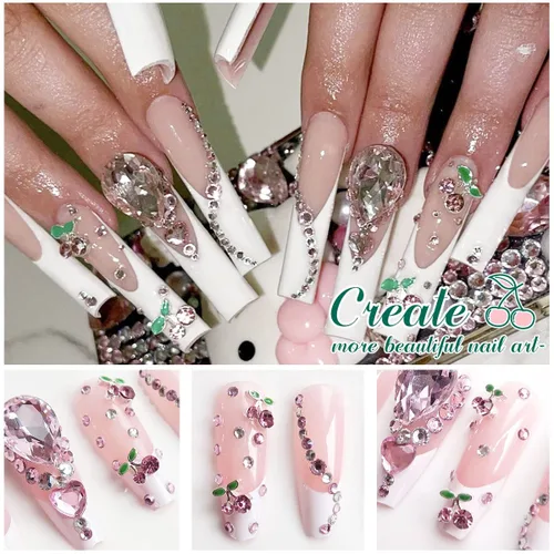 Miniatura 2 de 40 dijes de uñas de cereza 3D con diamantes de imitación para arte de uñas, gemas brillantes con brillantina para uñas, rebanadas de uñas kawaii