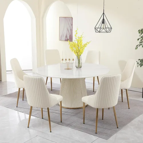 Miniatura 16 de Juego de mesa de comedor redonda de 9 piezas, moderna mesa de cocina de piedra sinterizada de 59 pulgadas con plato giratorio redondo de 31.5