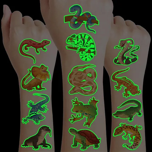 96 tatuajes temporales luminosos precortados con diseño de lagarto de selva de animales reptiles que brillan en la oscuridad para niños | Tatuajes