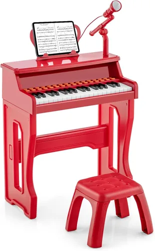 Miniatura 9 de HONEY JOY Piano para niños, piano de teclado rojo de 37 teclas para niños con soporte de música y banco, regalo para bebés con micrófono
