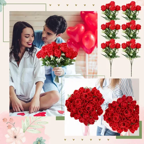 Miniatura 5 de Jexine Paquete de 16 ramos de rosas artificiales de seda falsas a granel para dama de honor, novia, boda, fiesta, jarrón floral (rojo)