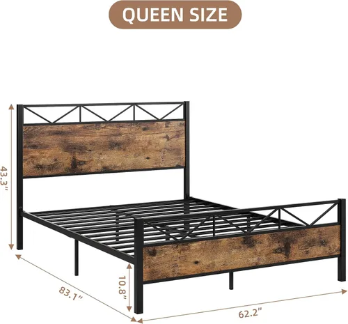 Miniatura 2 de GAOMON Base de cama tamaño Queen, marco de cama de plataforma de metal con cabecera y estribo de madera rústica vintage, sin ruido, fácil montaje