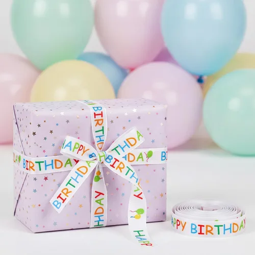 Miniatura 6 de Rollo de cinta de feliz cumpleaños para envoltura de regalos, 0.591 in x 30 pies, cinta de regalo de cumpleaños impresa blanca para manualidades