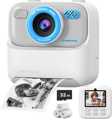 Miniatura 10 de Cámaras digitales instantáneas para niños y niñas, cámara digital selfie HD de doble lente 1080P con papel de impresión y tarjeta de 32G, regalos