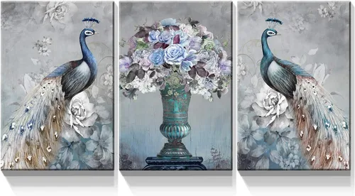 Miniatura 14 de Denozer Lienzo decorativo para pared, 3 paneles, 24 x 32 pulgadas, elegante, pavo real azul con imagen floral blanca, impresión de pintura de Art01