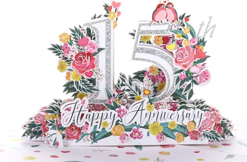 iGifts And Cards Tarjeta desplegable 3D de 15 aniversario – aniversario de boda de 15 años para pareja, recuerdo romántico para marido, esposa o