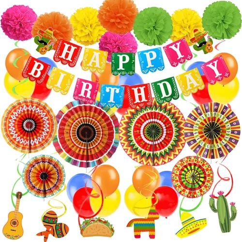 Cartel de feliz cumpleaños con temática mexicana, pompones de papel, para fanáticos de México, decoraciones de fiesta, globos, decoraciones de fiesta