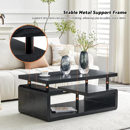 Miniatura 4 de Mesa auxiliar de 43.3 pulgadas, mesa central moderna de 3 niveles con almacenamiento, mesa de centro grande de madera para sala de estar, oficina