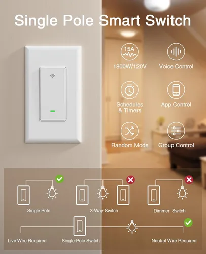 Miniatura 2 de Interruptores inteligentes GHome Smart para luces, interruptor de luz WiFi inteligente funciona con Alexa y Google Home, un solo polo, requiere