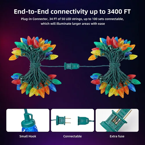 Miniatura 8 de Luces LED C9 de Navidad para exteriores, 34 pies, 50 LED, impermeables, decoraciones navideñas de fresas, luces de cadena, enchufables, luces