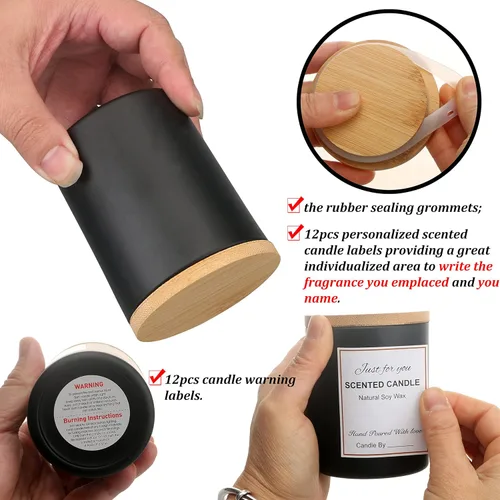 Miniatura 4 de MILIVIXAY Paquete de 12 tarros de vela de vidrio negro mate de 7 onzas con tapas y kits de fabricación de velas, tarros de velas vacíos a granel