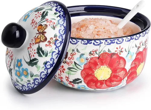 silesia Azucarero hecho a mano con tapa y cuchara, tarro de azúcar de cerámica pintado a mano de 10 onzas para cocina en caja de regalo, decoración