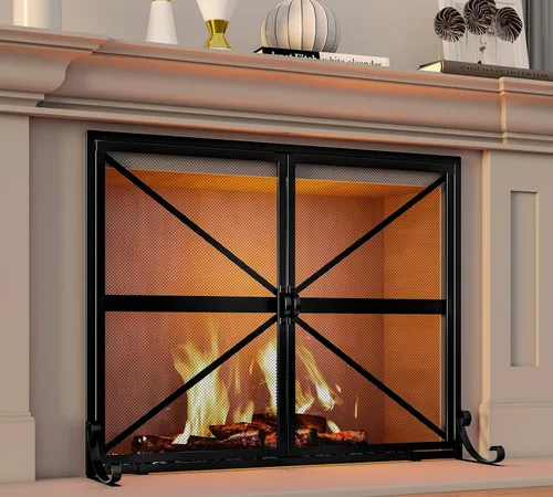 Miniatura 4 de Fire Beauty Pantalla de chimenea con puertas, 2 paneles hechos a mano de hierro forjado sólido malla decorativa, accesorios seguros para bebés