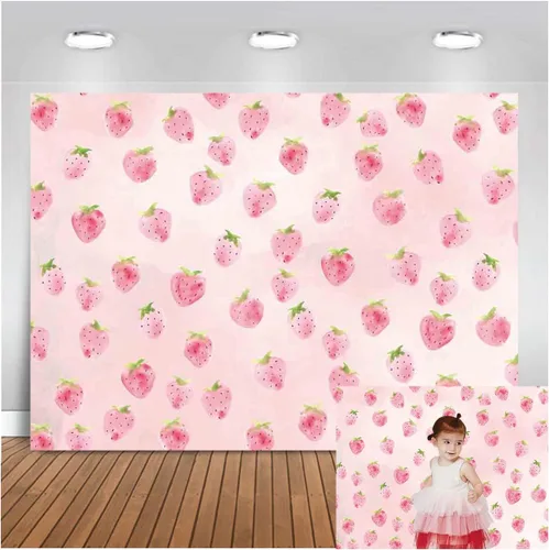 Miniatura 2 de Telón de fondo de fresa rosa para niñas, decoración de fiesta de cumpleaños, fondo de fotografía de fresa, suministros de baby shower, decoración
